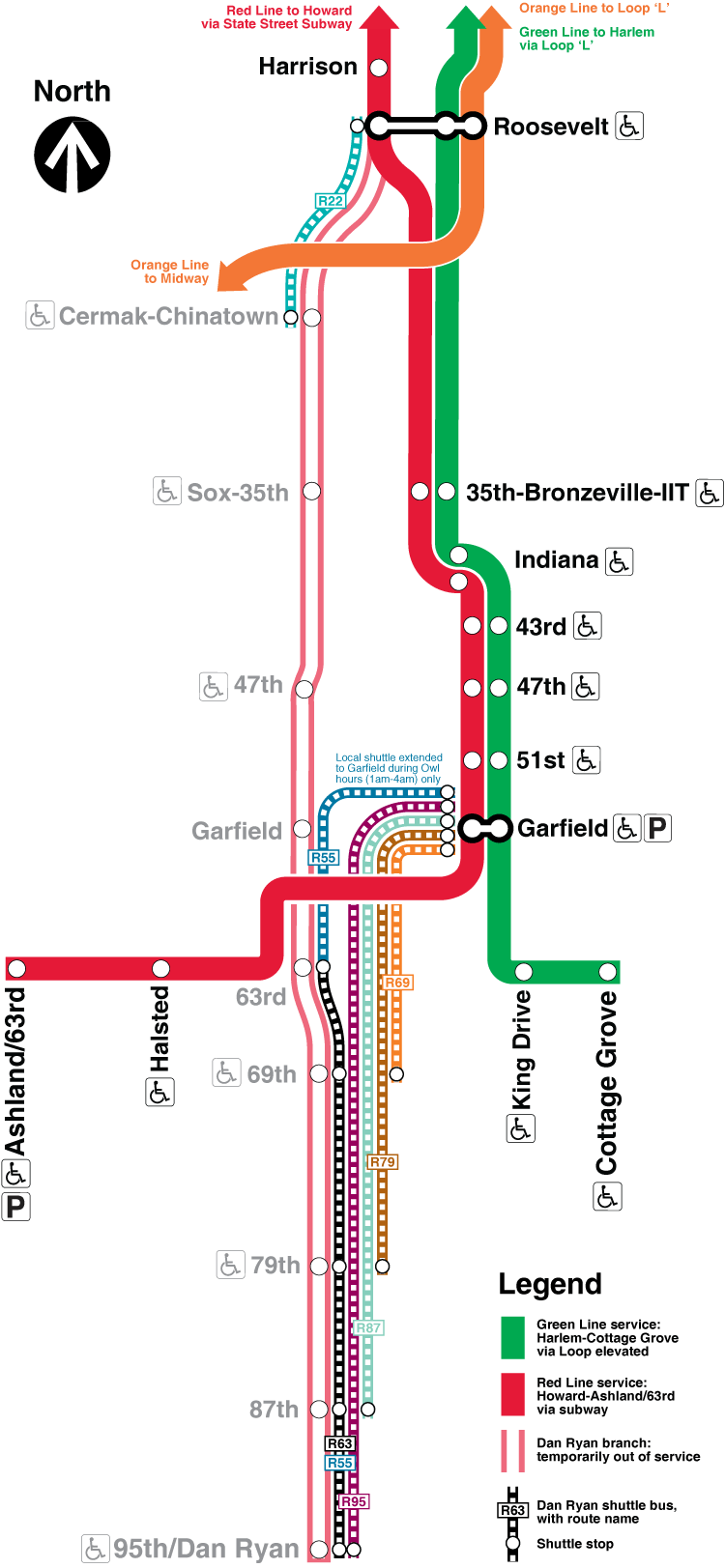 A map of how the Red Line operated between May 19, 2013 and October 20, 2013. Map comes from the Chicago CTA.