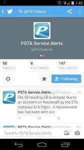 A smartphone snapshot of the new @PSTAalerts Twitter Feed by HARTride 2012.