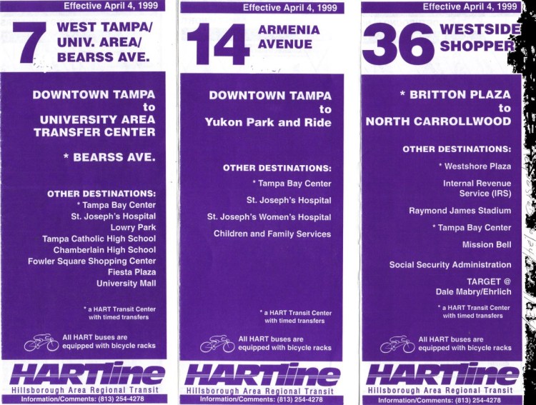 Route 36 brochure from 2001, alongside brochures for Routes 7 & 14. Credit: Orion 2003.